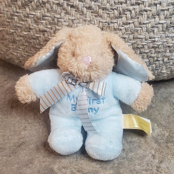 Dan Dee My First Bunny Rabbit Blue Tan Rattle Stuffed Animal Baby Toy Bow Plush - Picture 1 of 5
